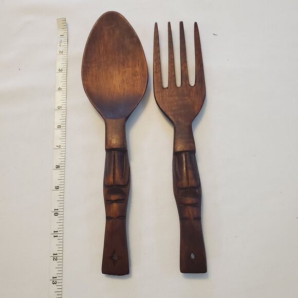 Vintage Large Carved Wooden Fork and Spoon Wall Decor 13" Wood Tiki Totem MCM - Picture 4 of 4